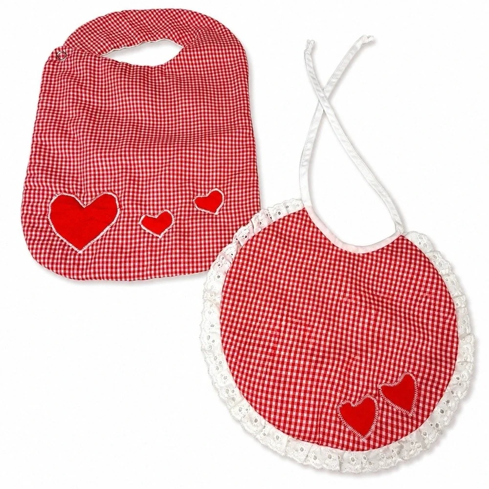 Vintage Handmade Red Gingham Baby Bib Lot Hearts Eyelet Lace Snap Tie Primitive